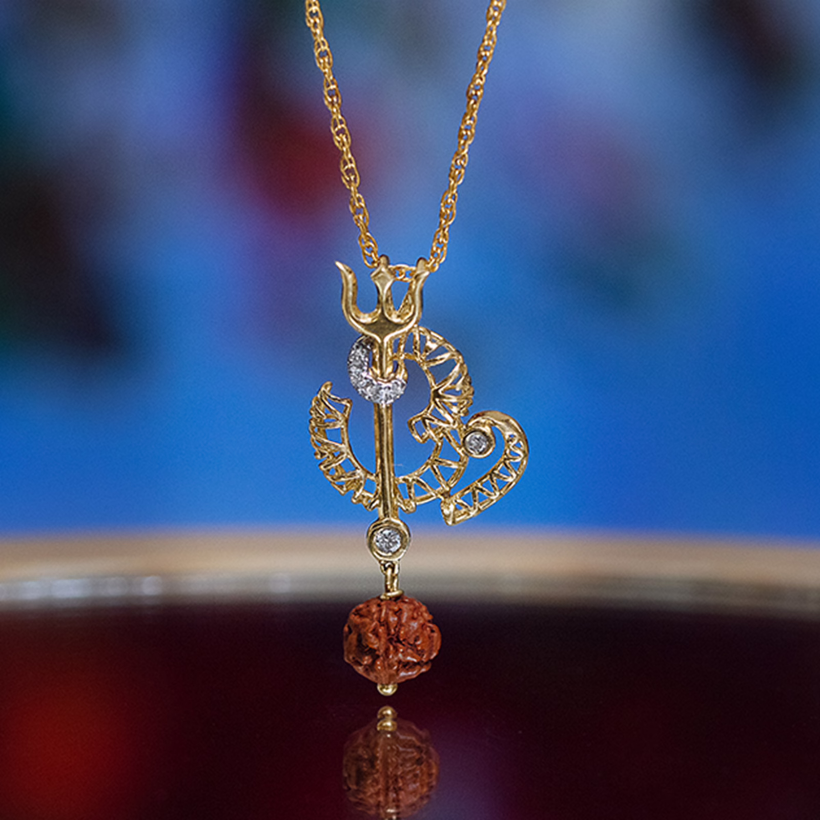 Diamond,Gemstone Pendants 18 Karat Yellow Gold Om Trishul Gemstone Pendant