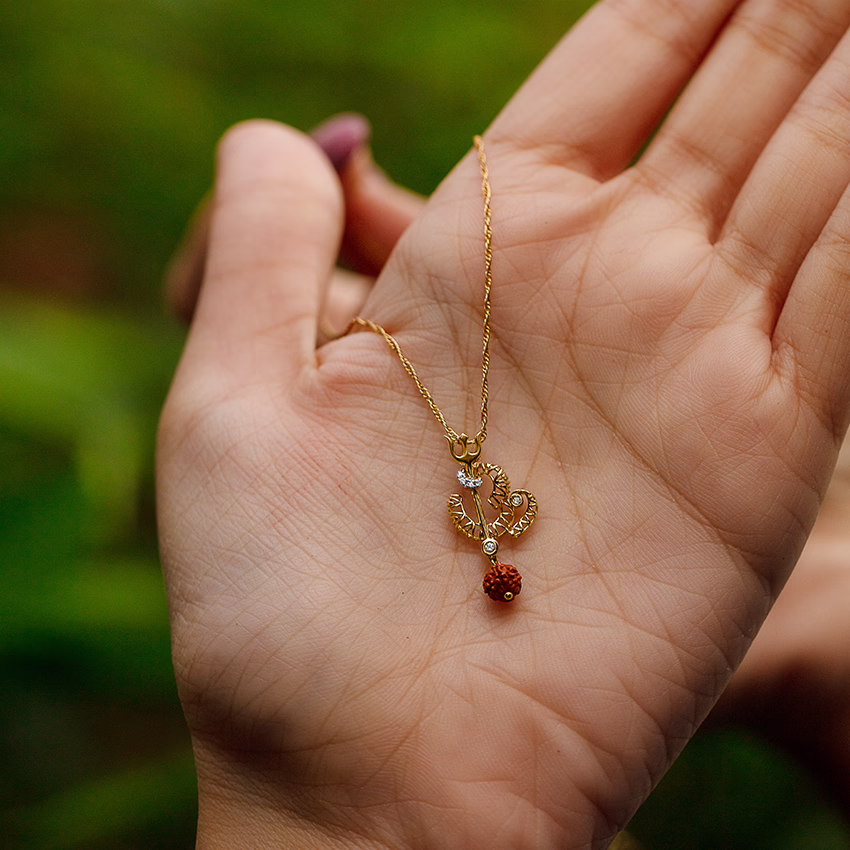Diamond,Gemstone Pendants 18 Karat Yellow Gold Om Trishul Gemstone Pendant