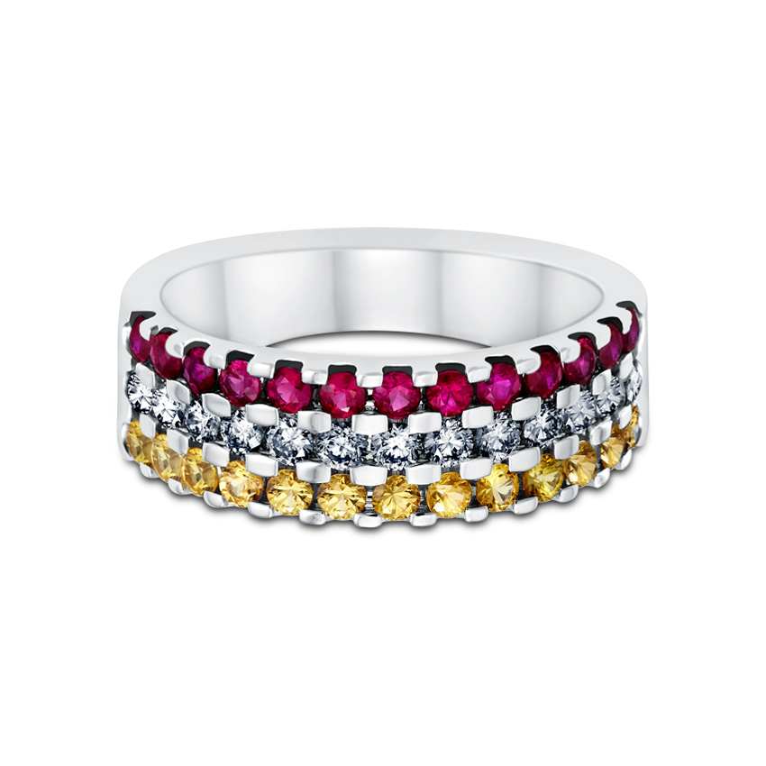 Triumph Tri-colour Ring, 18K White Gold with Diamonds (0.33 ct), Rubies (0.40 ct) & Yellow Sapphires Triumph Tri-colour Ring, 18K White Gold with Diamonds (0.33 ct), Rubies (0.40 ct) & Yellow Sapphires