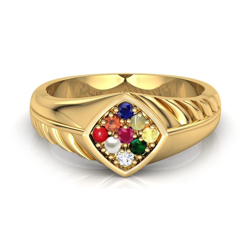 Diamond,Gemstone Rings 18 Karat Yellow Gold Aditya Navratna Diamond Ring for Him