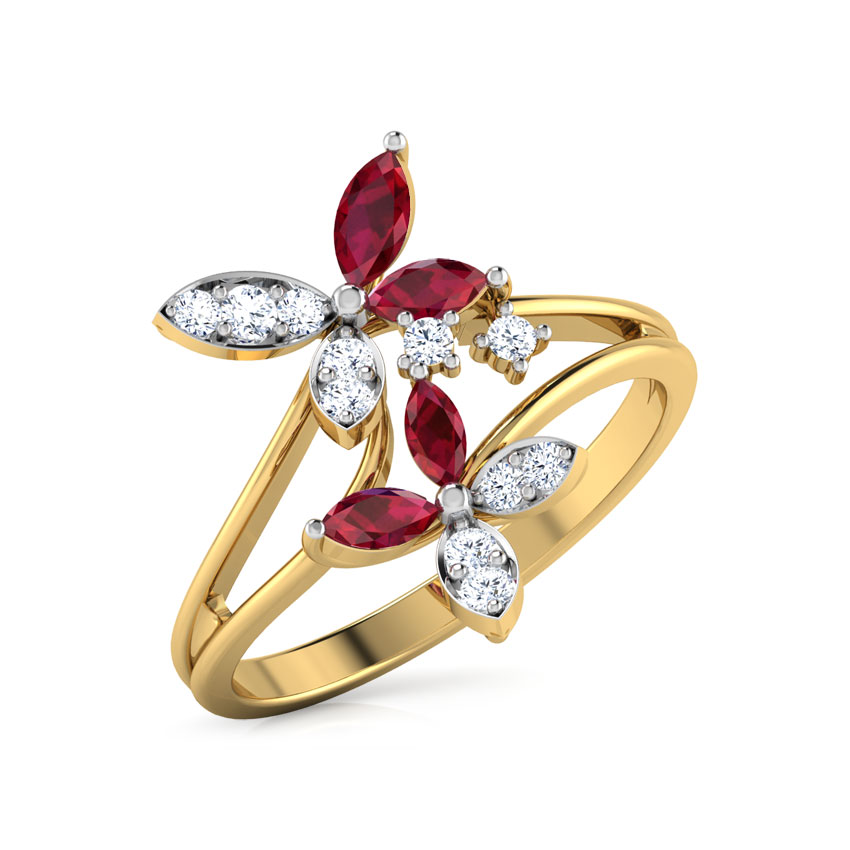 Diamond,Gemstone Rings 18 Karat Yellow Gold Duo Flower Diamond Ring
