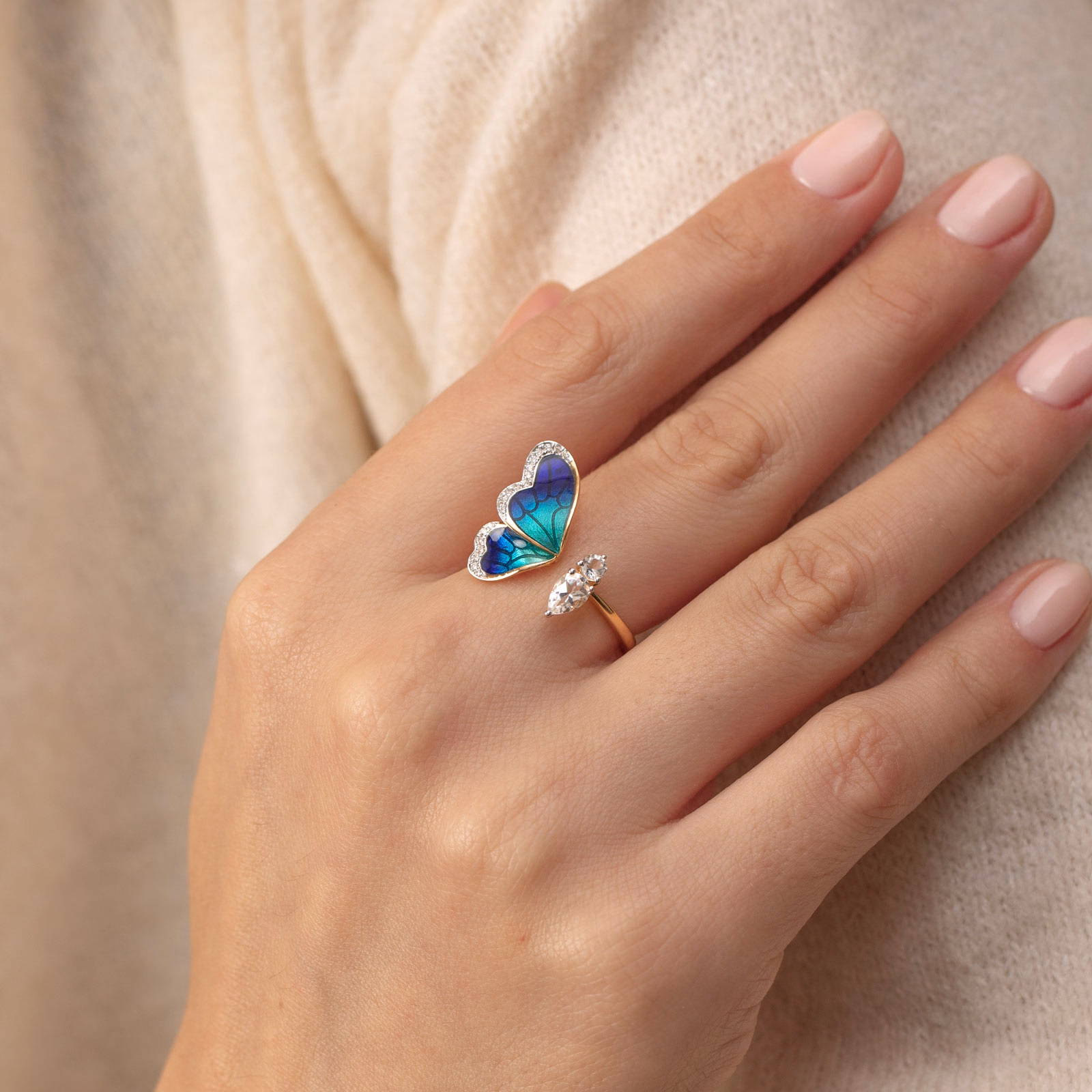 Diamond,Gemstone Rings 18 Karat Yellow Gold One Wing Blue Butterfly Diamond Ring