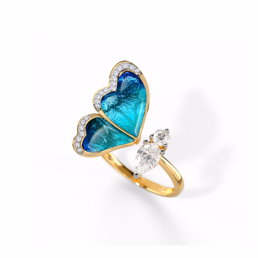 Diamond,Gemstone Rings 18 Karat Yellow Gold One Wing Blue Butterfly Diamond Ring