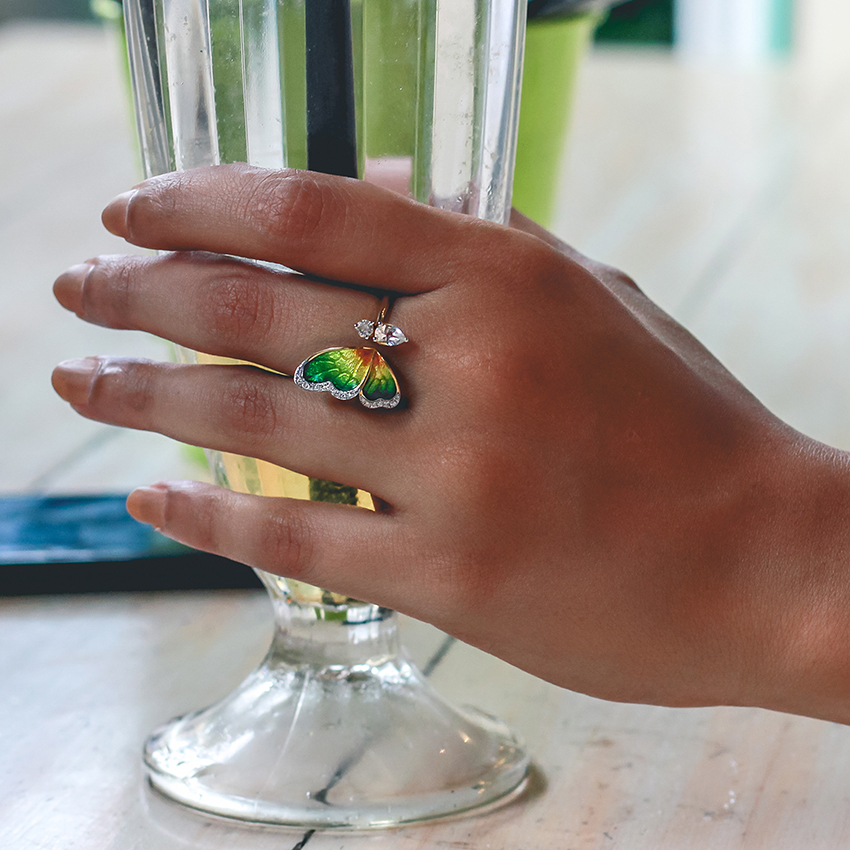 One Wing Green Butterfly Diamond Ring