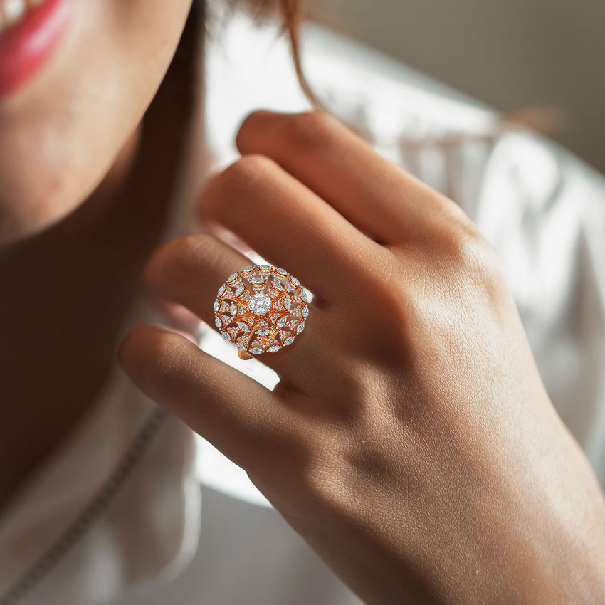 Diamond Rings 14 Karat Rose Gold Alluring Bloom Cocktail Diamond Ring