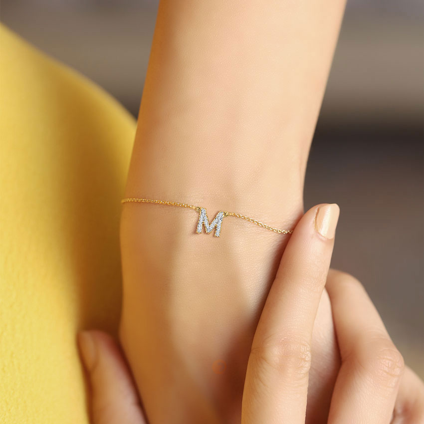 Diamond Bracelets 14 Karat Yellow Gold Dazzle Alphabet M Diamond Bracelet
