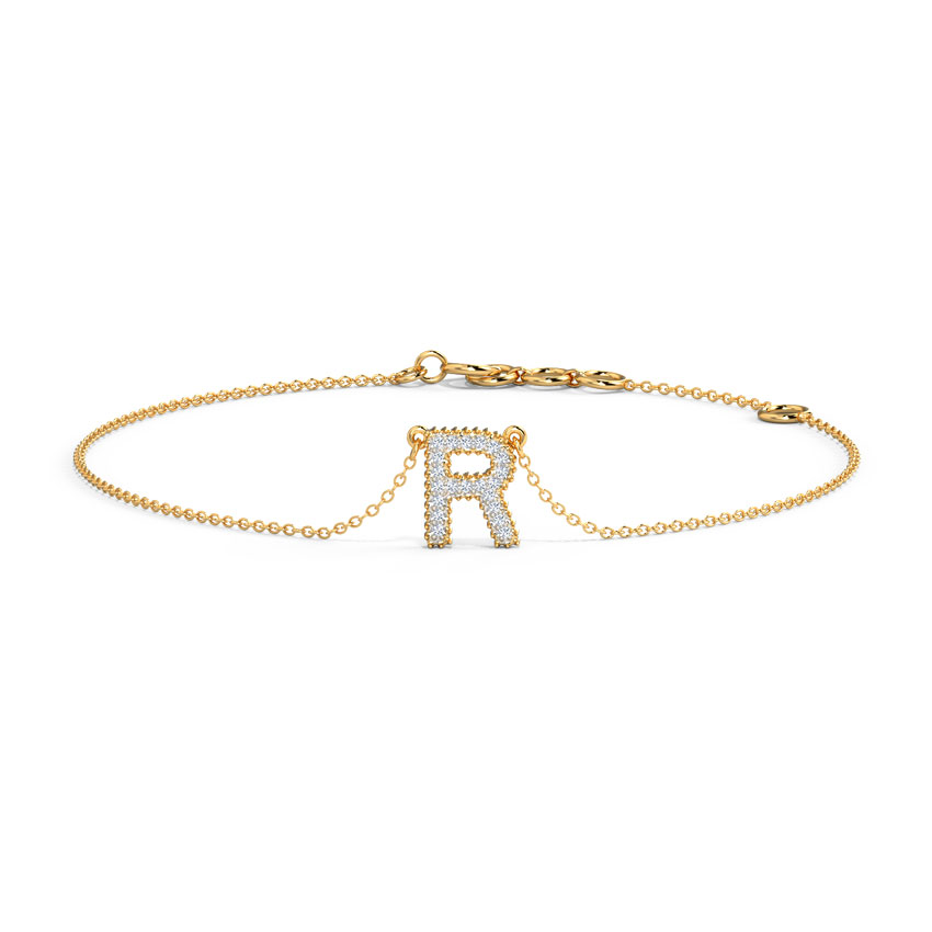 Diamond Bracelets 14 Karat Yellow Gold Dazzle Alphabet R Diamond Bracelet