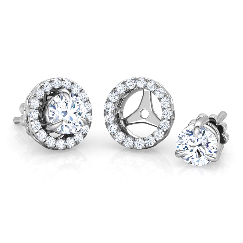 Solitaire Earrings 14 Karat White Gold Glitter Halo Solitaire Stud Earrings