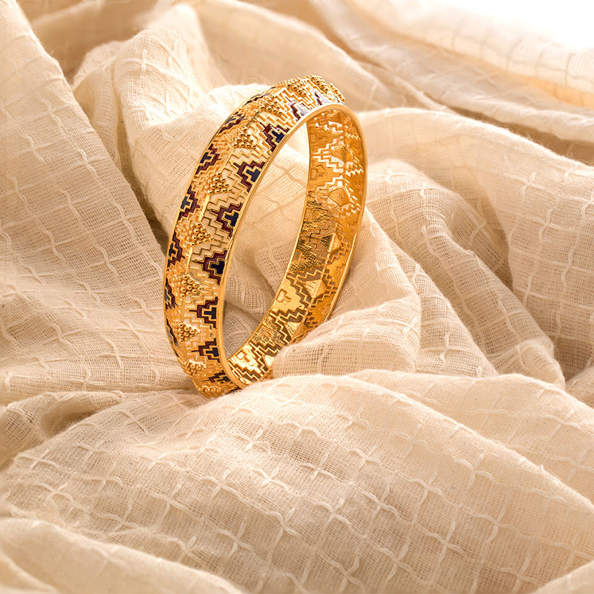 Gold Bangles 22 Karat Yellow Gold Enamel Deco Broad Gold Bangle