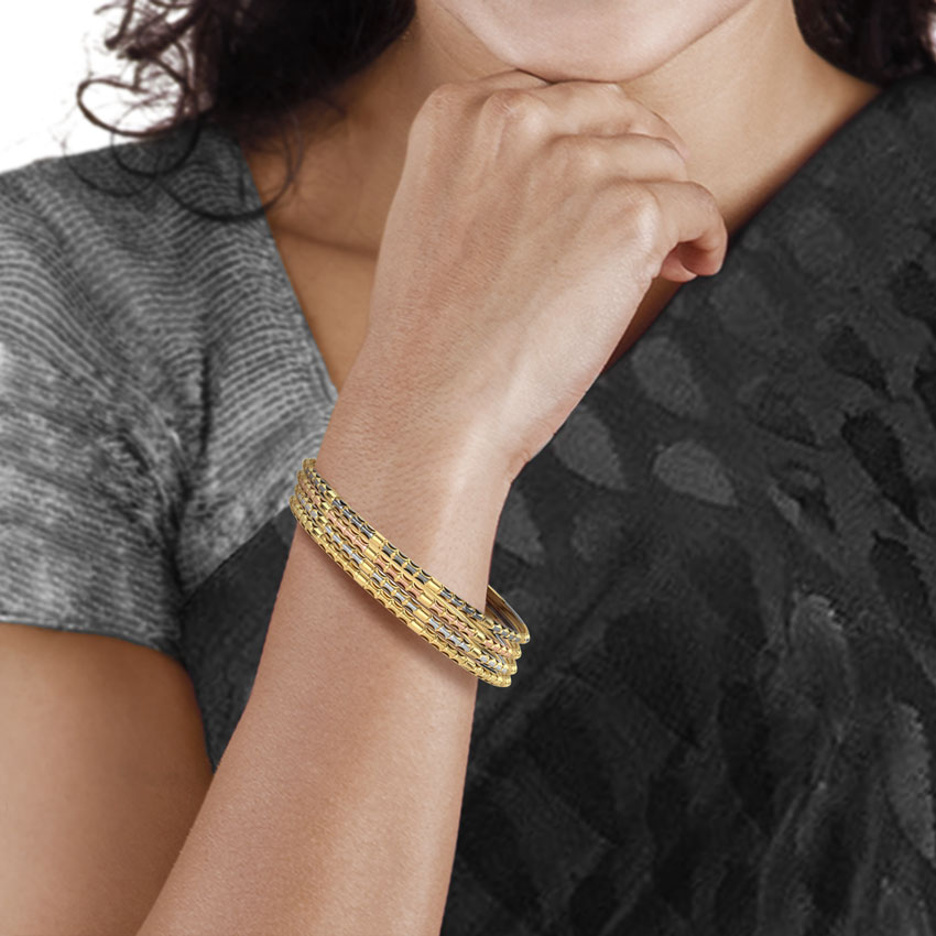 Four Tone Grooved Gold Bangle Set of 4
