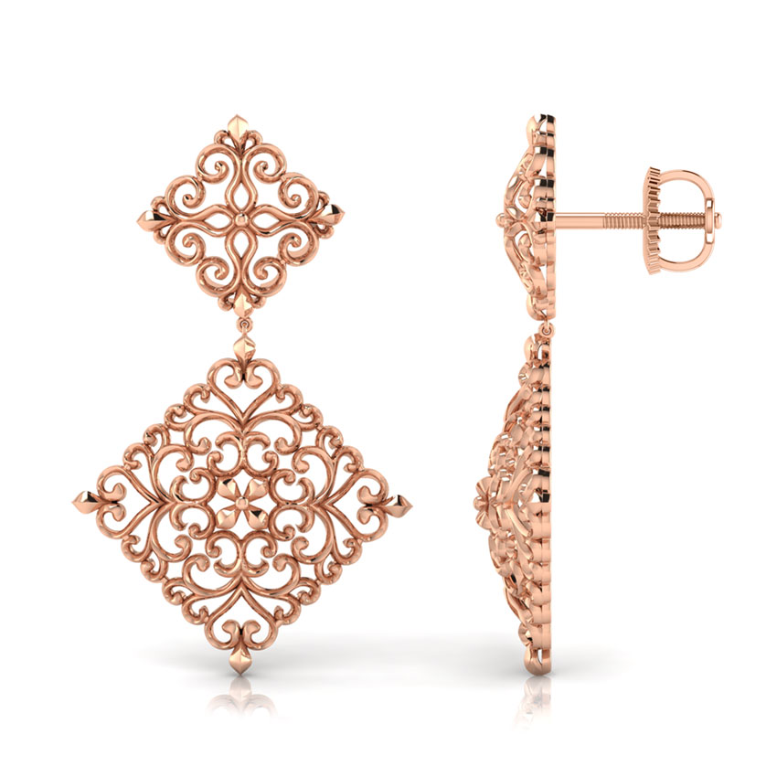 Gold Earrings 18 Karat Rose Gold Intricate Filigree Drop Earrings