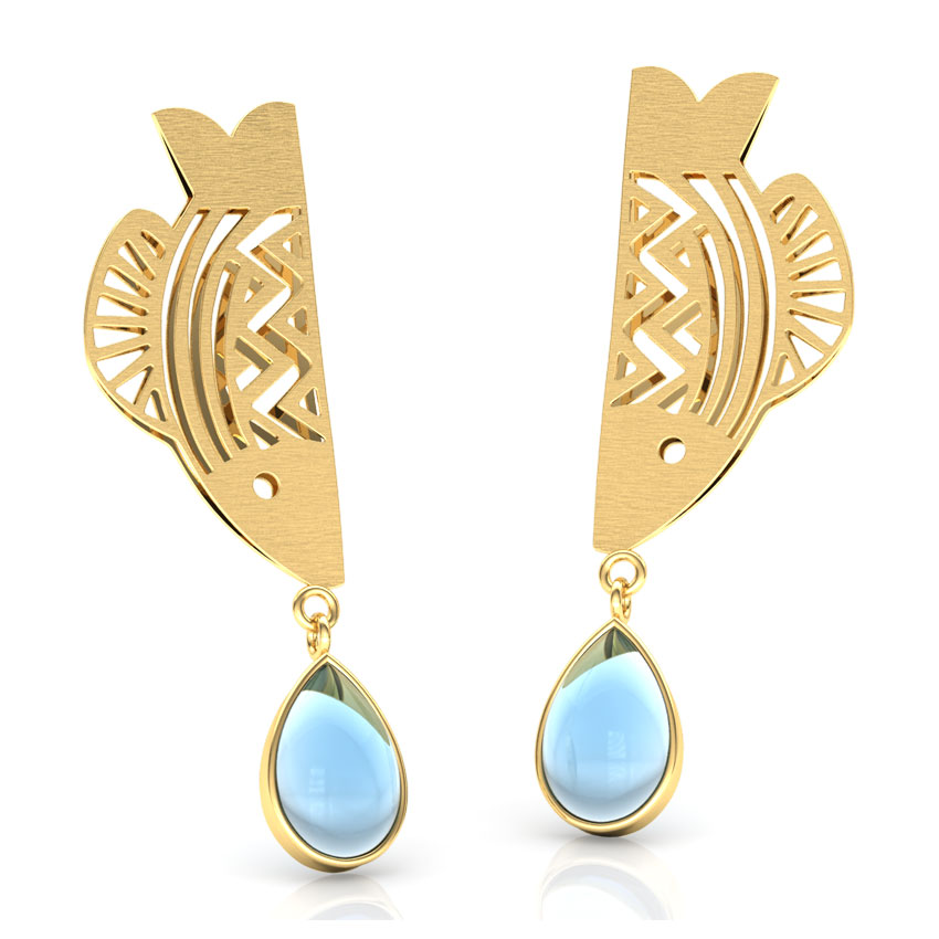 Gold Earrings 18 Karat Yellow Gold Matsya Linear Gemstone Drop Earrings