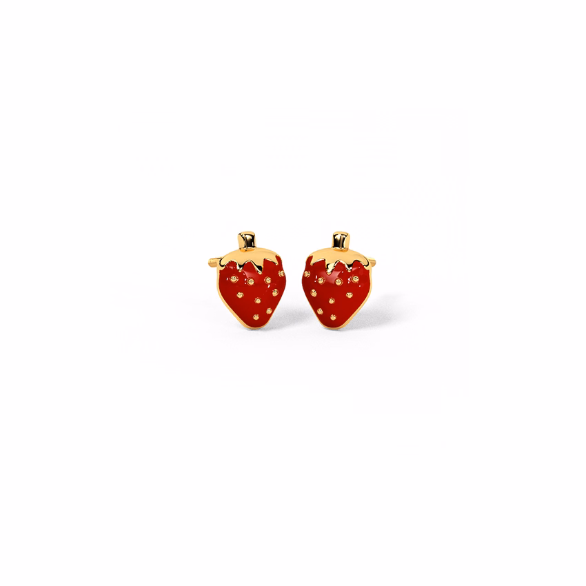 Gold Earrings 14 Karat Yellow Gold Pink Strawberry Kids' Stud Gold Earrings