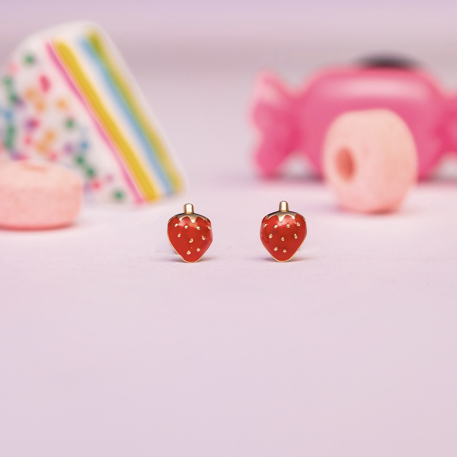 Gold Earrings 14 Karat Yellow Gold Pink Strawberry Kids' Stud Gold Earrings