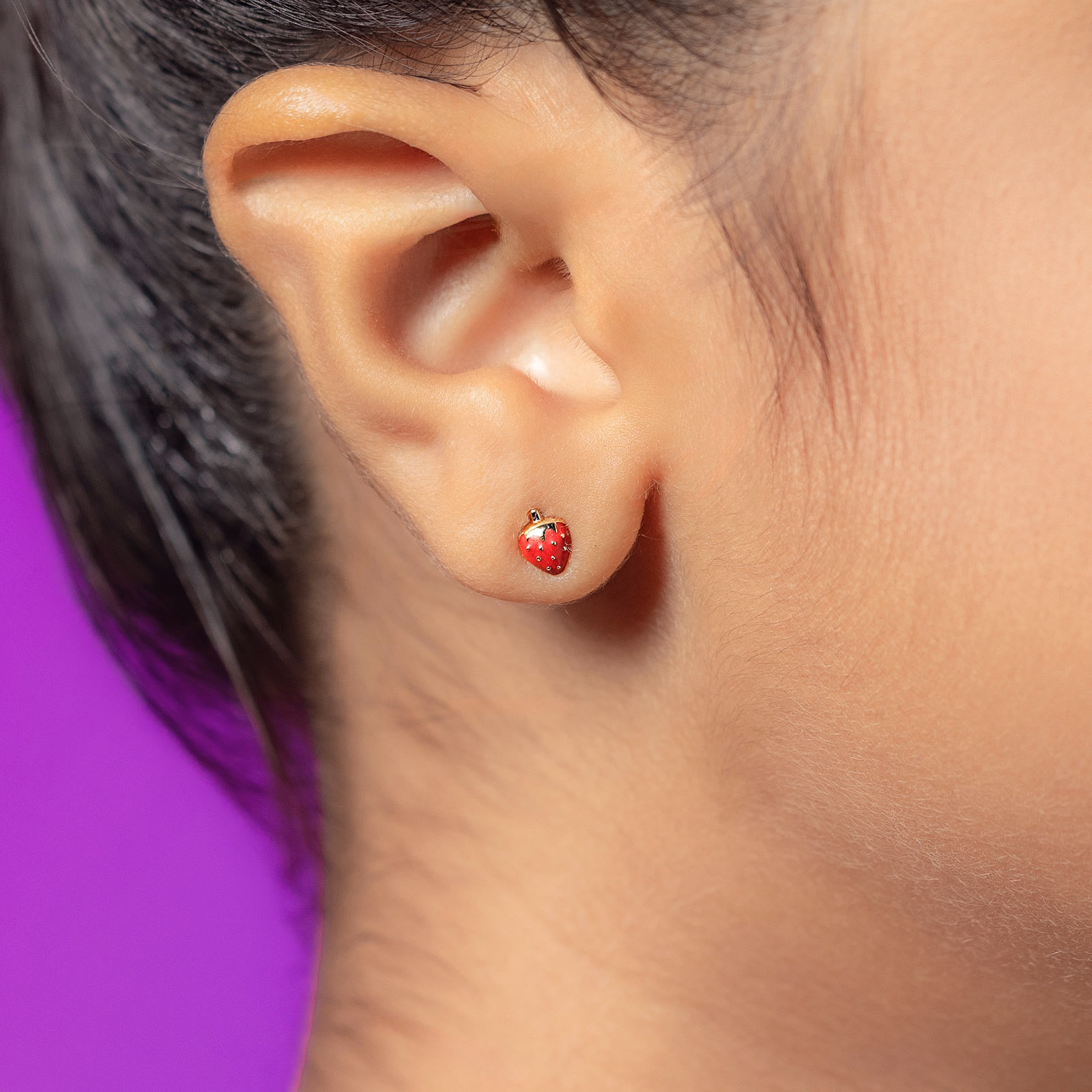 Gold Earrings 14 Karat Yellow Gold Pink Strawberry Kids' Stud Gold Earrings