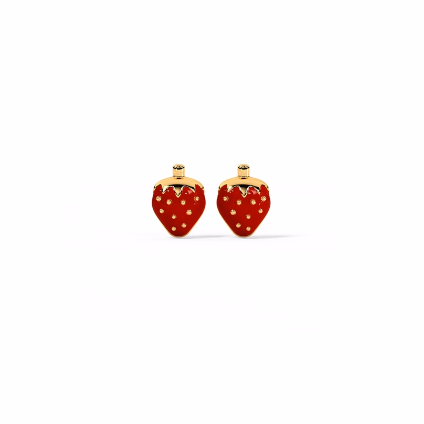 Gold Earrings 14 Karat Yellow Gold Pink Strawberry Kids' Stud Gold Earrings