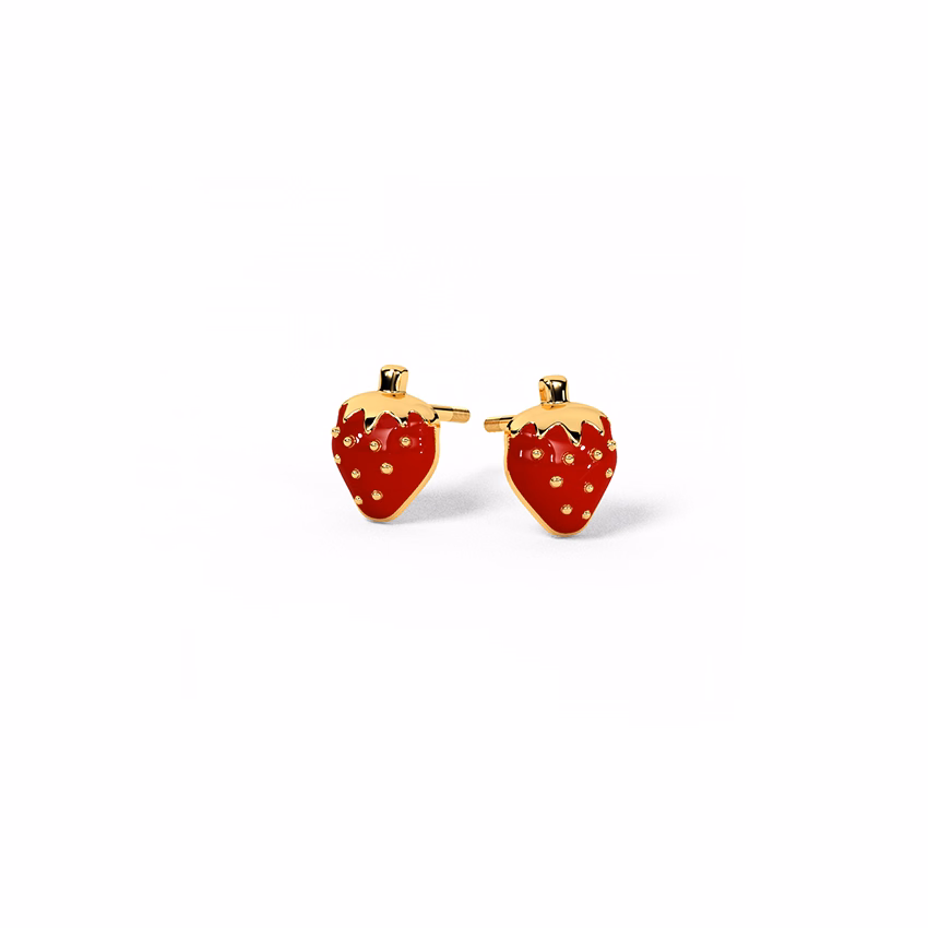 Gold Earrings 14 Karat Yellow Gold Pink Strawberry Kids' Stud Gold Earrings