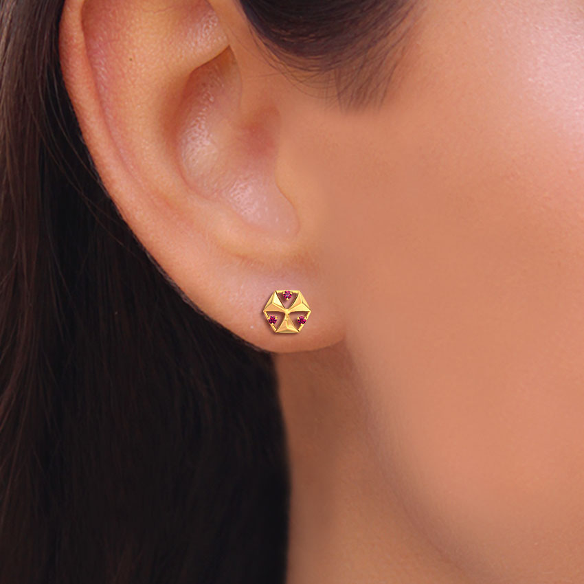 Gemstone Earrings 14 Karat Yellow Gold Hex Gemstone Stud Earrings