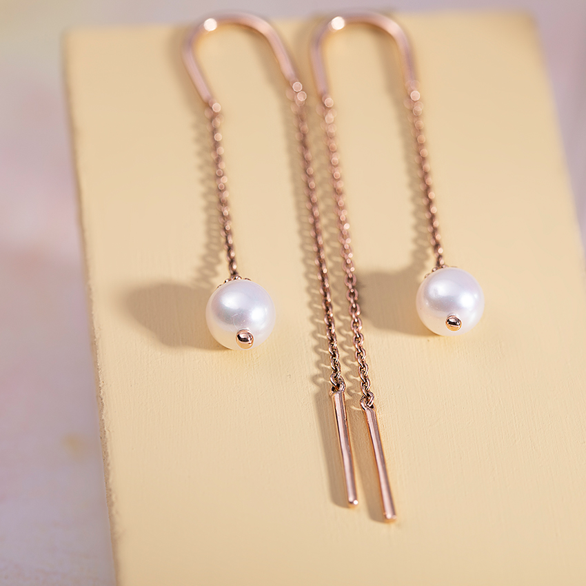 Gemstone Earrings 14 Karat Rose Gold Pearl Sui Dhaga Earrings