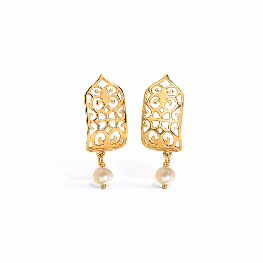 Gemstone Earrings 14 Karat Yellow Gold Latticed Pearl Hoop Earrings