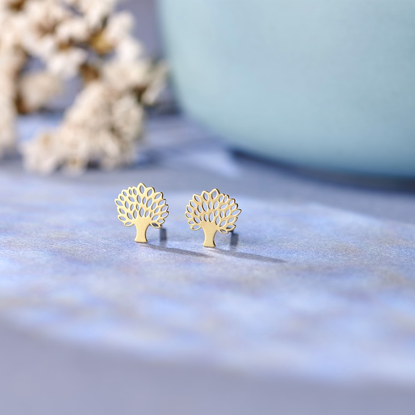 Gold Earrings 18 Karat Yellow Gold Golden Tree Lamp Stud Earrings