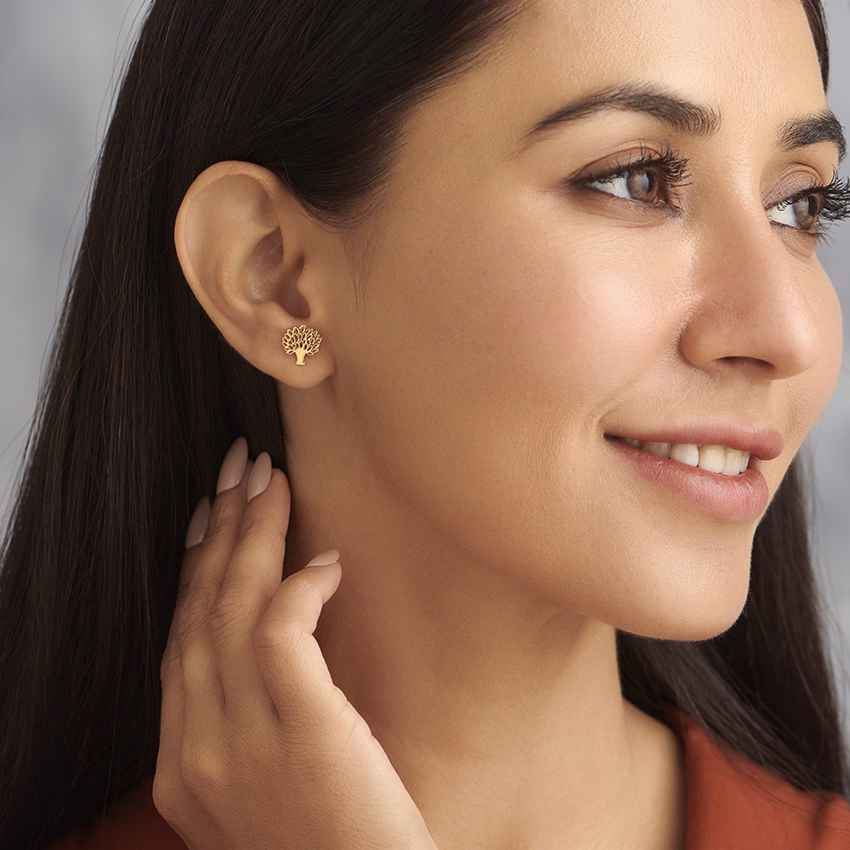 Gold Earrings 18 Karat Yellow Gold Golden Tree Lamp Stud Earrings