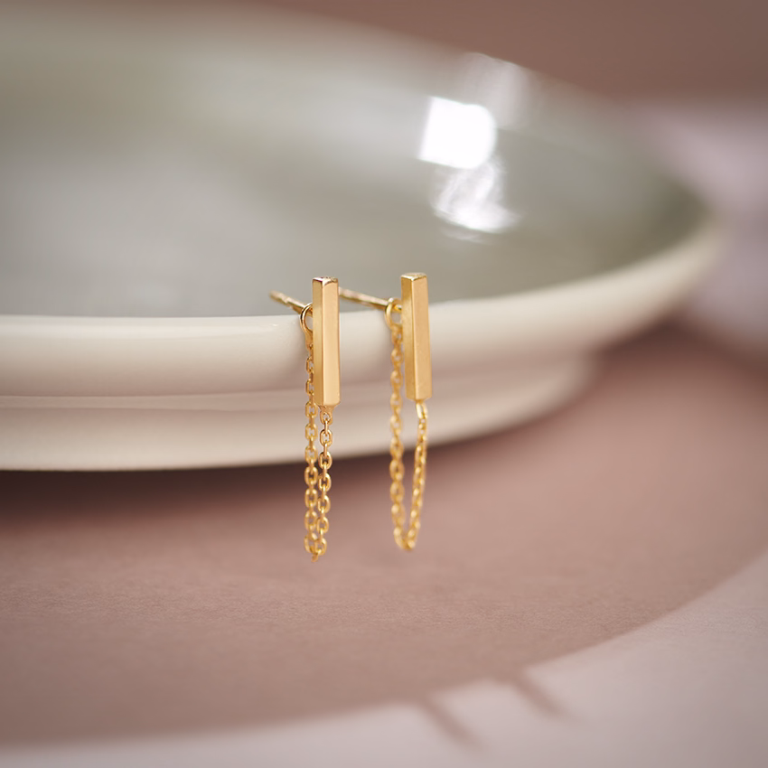 Gold Earrings 14 Karat Yellow Gold Bar Drop Gold Earrings