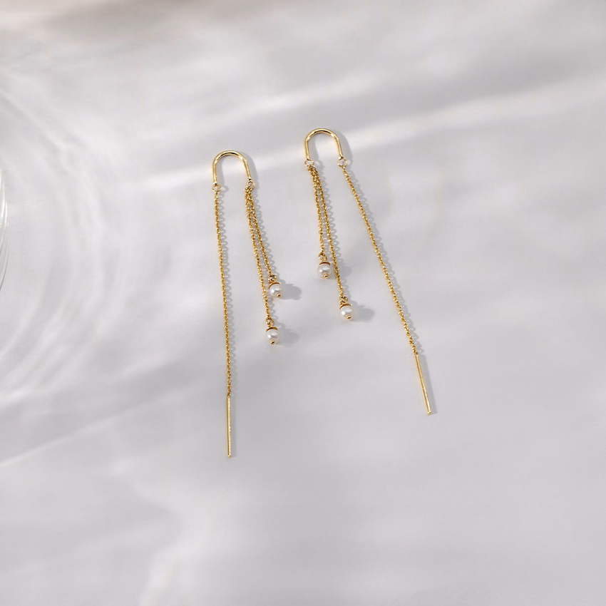 Gemstone Earrings 14 Karat Yellow Gold Duo Pearl Sui Dhaga Earrings