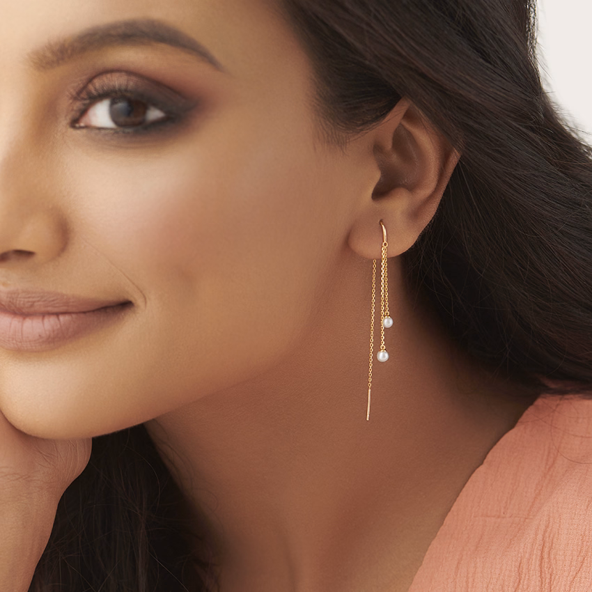Gemstone Earrings 14 Karat Yellow Gold Duo Pearl Sui Dhaga Earrings