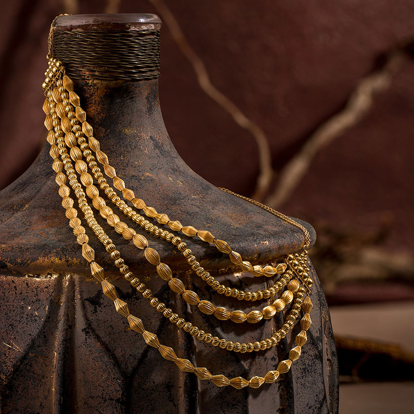 Gold Necklaces 22 Karat Yellow Gold Five-Line Nakshi Beads Necklace