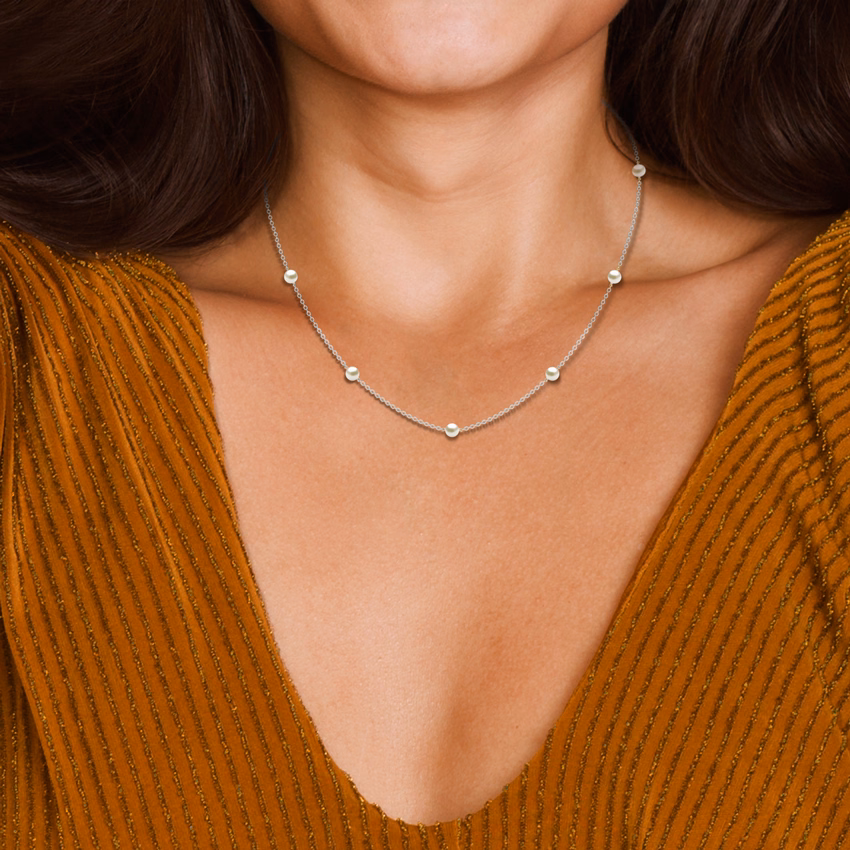 Gemstone Necklaces 18 Karat White Gold Assemble Pearl Station Necklace