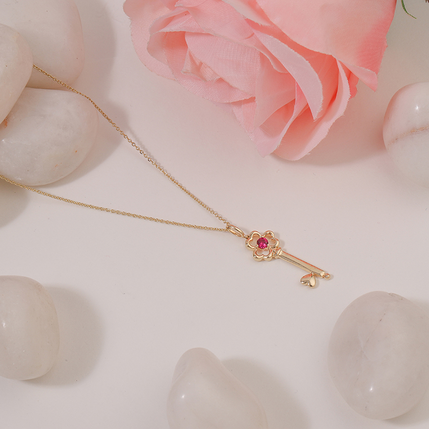 Gold,Gemstone Necklaces 14 Karat Yellow Gold Scarlet Floret Gemstone Key Necklace