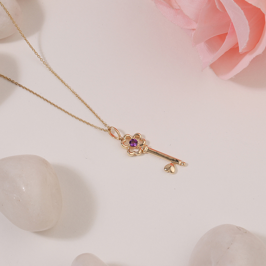 Gold,Gemstone Necklaces 14 Karat Yellow Gold Amethyst Floret Gemstone Key Necklace