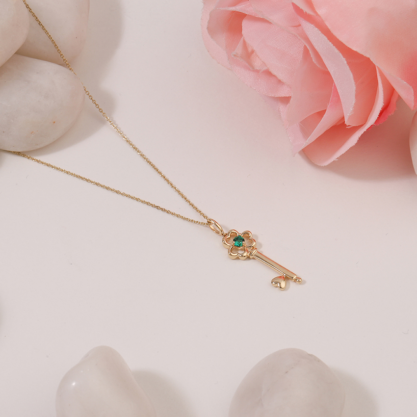 Gold,Gemstone Necklaces 14 Karat Yellow Gold Verdant Floret Gemstone Key Necklace
