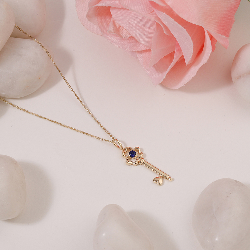 Gold,Gemstone Necklaces 14 Karat Yellow Gold Azure Floret Gemstone Key Necklace
