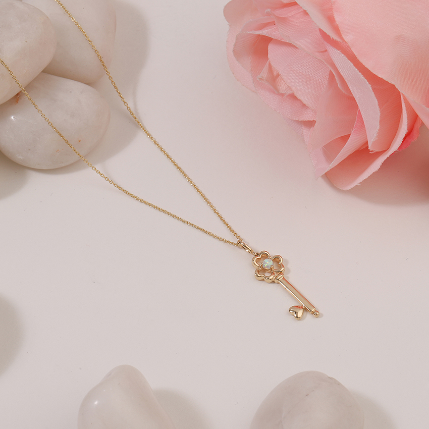 Gold,Gemstone Necklaces 14 Karat Yellow Gold Opal Floret Gemstone Key Necklace