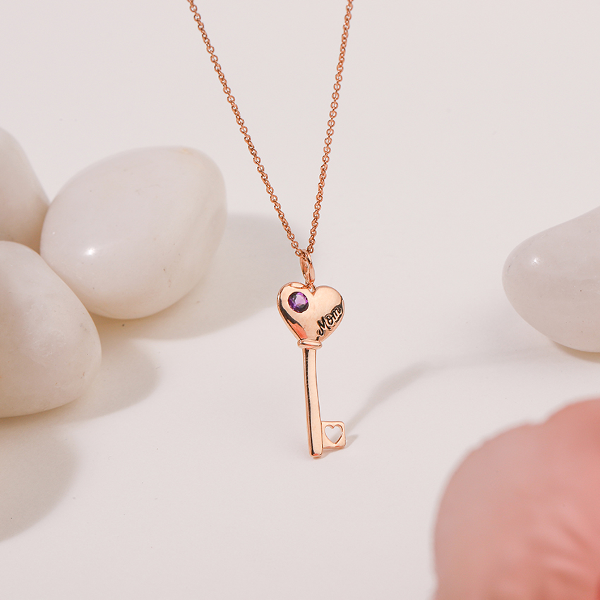 Gold,Gemstone Necklaces 14 Karat Rose Gold Amethyst Amore Gemstone Key Necklace