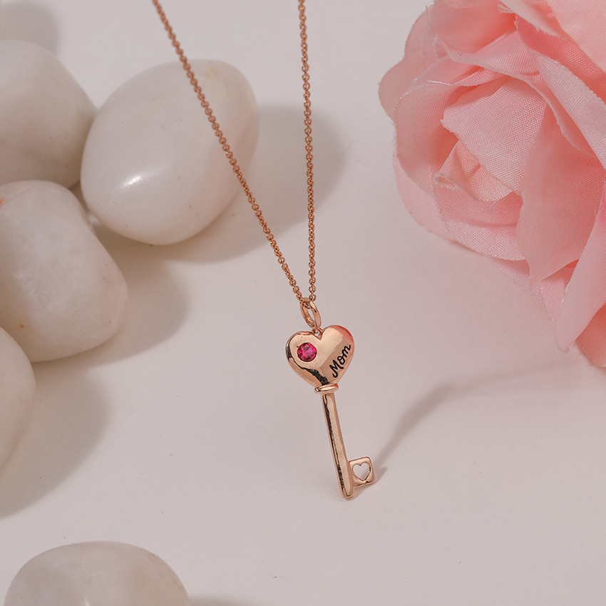 Gold,Gemstone Necklaces 14 Karat Rose Gold Scarlet Amore Gemstone Key Necklace