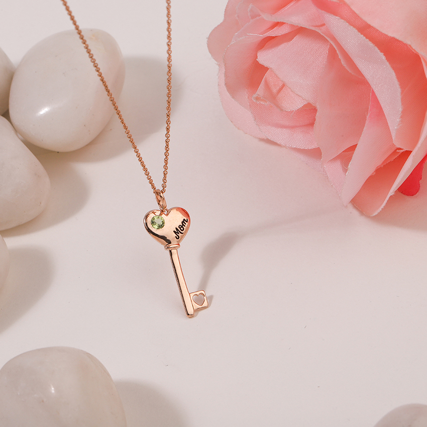 Gold,Gemstone Necklaces 14 Karat Rose Gold Peridot Amore Gemstone Key Necklace