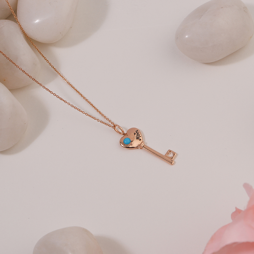 Gold,Gemstone Necklaces 14 Karat Rose Gold Turquoise Amore Gemstone Key Necklace