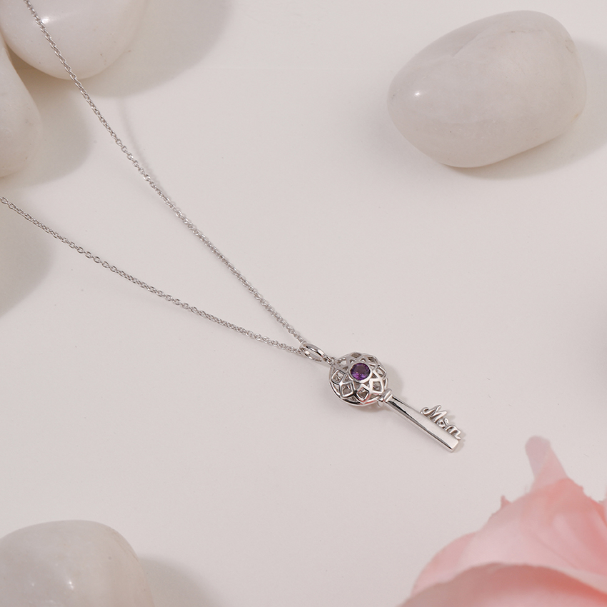 Gold,Gemstone Necklaces 14 Karat White Gold Amethyst Ornate Gemstone Key Necklace