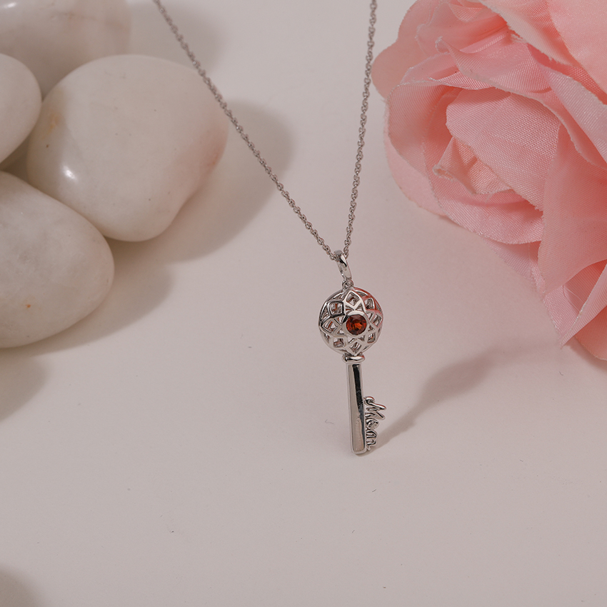Gold,Gemstone Necklaces 14 Karat White Gold Garnet Ornate Gemstone Key Necklace