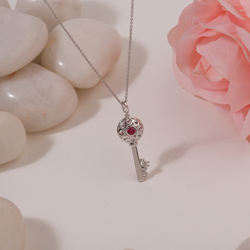 Gold,Gemstone Necklaces 14 Karat White Gold Scarlet Ornate Gemstone Key Necklace
