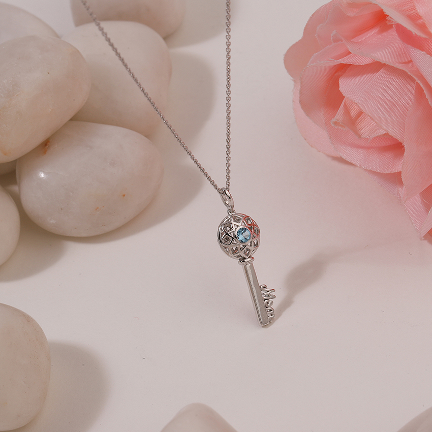 Gold,Gemstone Necklaces 14 Karat White Gold Aqua Ornate Gemstone Key Necklace
