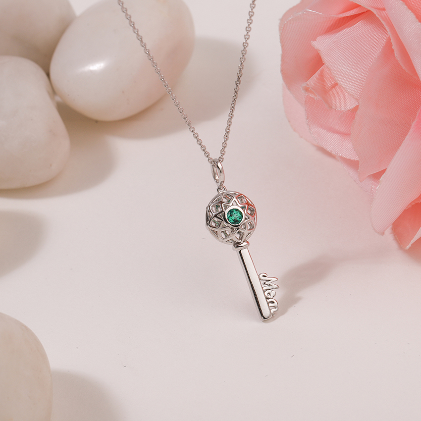 Gold,Gemstone Necklaces 14 Karat White Gold Verdant Ornate Gemstone Key Necklace