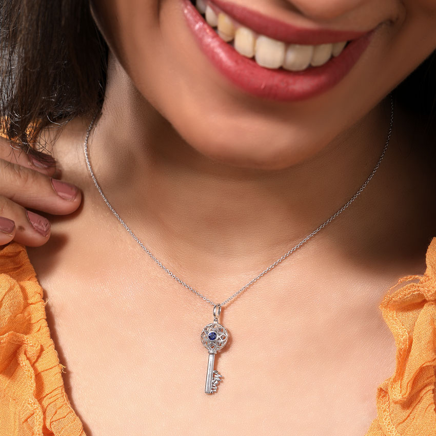 Gemstone Necklaces 14 Karat White Gold Azure Ornate Gemstone Key Necklace