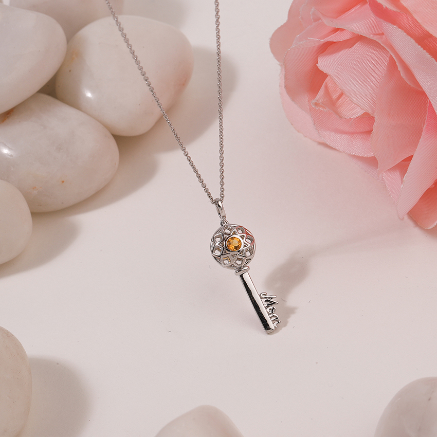 Gold,Gemstone Necklaces 14 Karat White Gold Citrine Ornate Gemstone Key Necklace