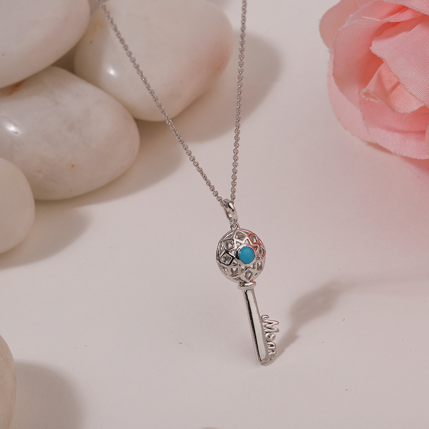 Gold,Gemstone Necklaces 14 Karat White Gold Turquoise Ornate Gemstone Key Necklace
