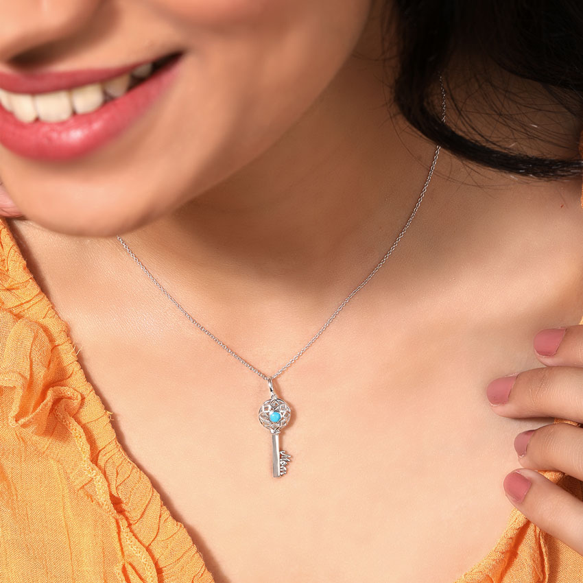 Turquoise Ornate Gemstone Key Necklace Turquoise Ornate Gemstone Key Necklace