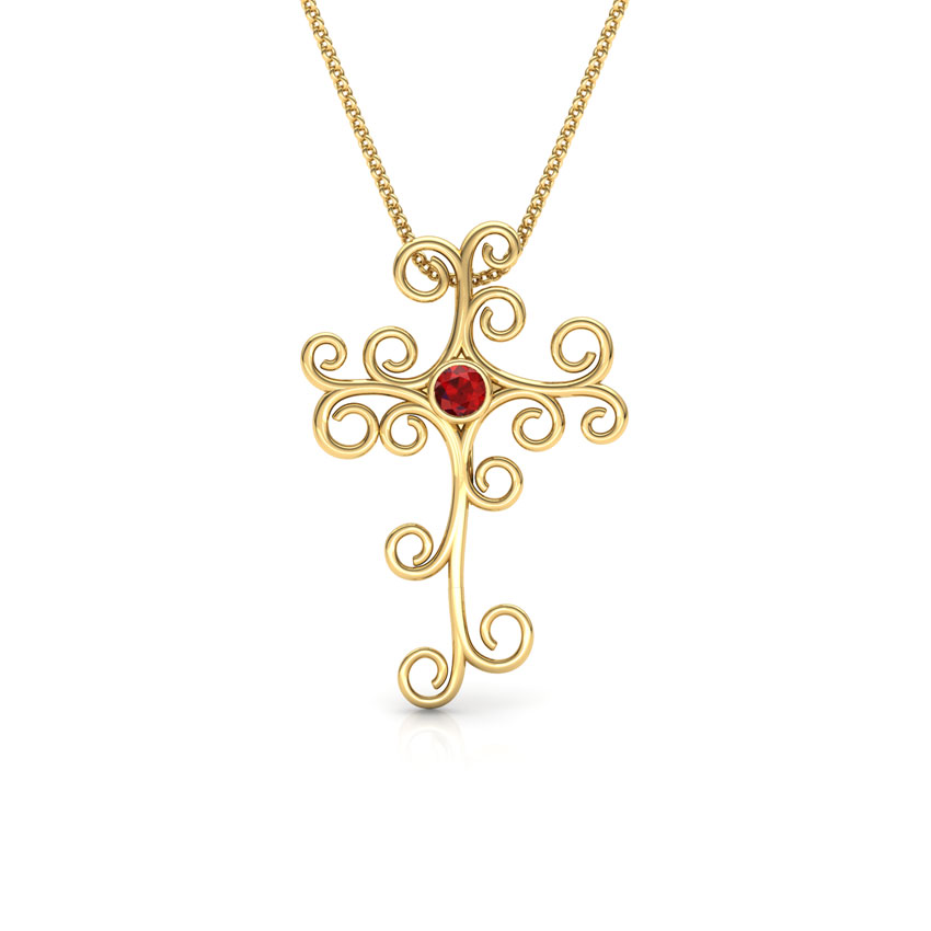 Curlicue Garnet Cross Pendant